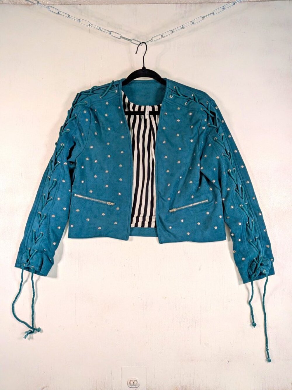 Womens Teal Studded Lace-Up Suede Jacket Skinny Pants 2 Piece Set JLENNI Size S